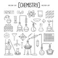 Vector set with isolated doodles on the theme of chemistry, science, medicine, eduction on white background. Cartoon special equip